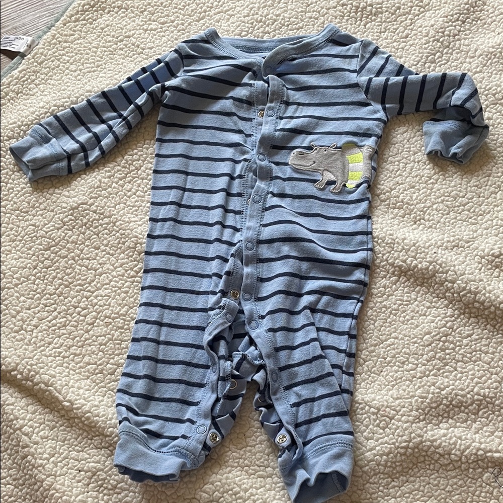 Carter's Navy and Gray Striped Footie with Hippo Appliqué